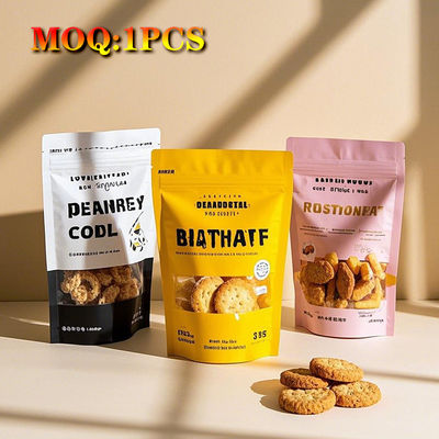 खाद्य पैकेजिंग के लिए पीई लेमिनेट सामग्री गंध-प्रूफ स्टैंड-अप बैग के साथ एम्बोस्ड ग्रेवरेज प्रिंटिंग और स्व-सीलिंग ज़िपर