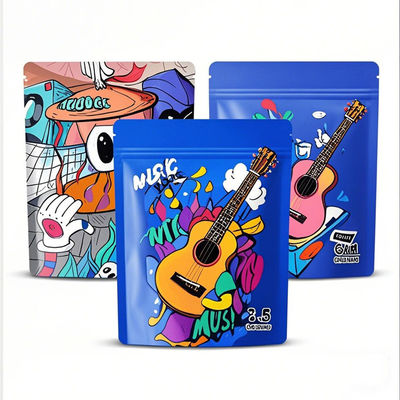 कस्टम मुद्रित 3.5g एल्यूमीनियम पन्नी Mylar खड़े बैग गंध प्रूफ फिर से बंद Ziplock खाद्य पैकेजिंग बैग डाई-कट डिजाइन