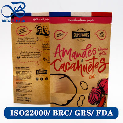 पारदर्शी खिड़कियों और अनुकूलन योग्य मुद्रण पैटर्न के साथ खाद्य पैकेजिंग के लिए पुनर्नवीनीकरण और जैव अपघट्य क्राफ्ट पेपर बैग।