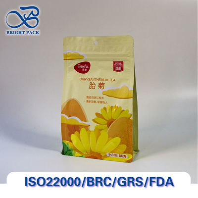 अरोमा-लॉक आठ पक्षीय सीलिंग फ्लैट बॉटम बैग चाय पैकेजिंग के लिए ऑक्सीजन-बाधक और नमी प्रतिरोधी के साथ।