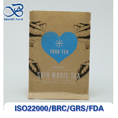चाय पैकेजिंग के लिए अनुकूलन योग्य प्रिंटिंग और आकारों के साथ पुन: प्रयोज्य और कंपोस्टेबल आठ तरफा सीलिंग क्राफ्ट पेपर बैग।