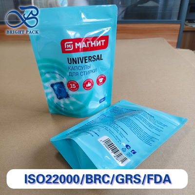 लॉन्ड्री पॉड्स पैकेजिंग के लिए लीक-प्रूफ स्टैंड अप बैग, चाइल्ड-सेफ ज़िपर के साथ कस्टम मोटाई।